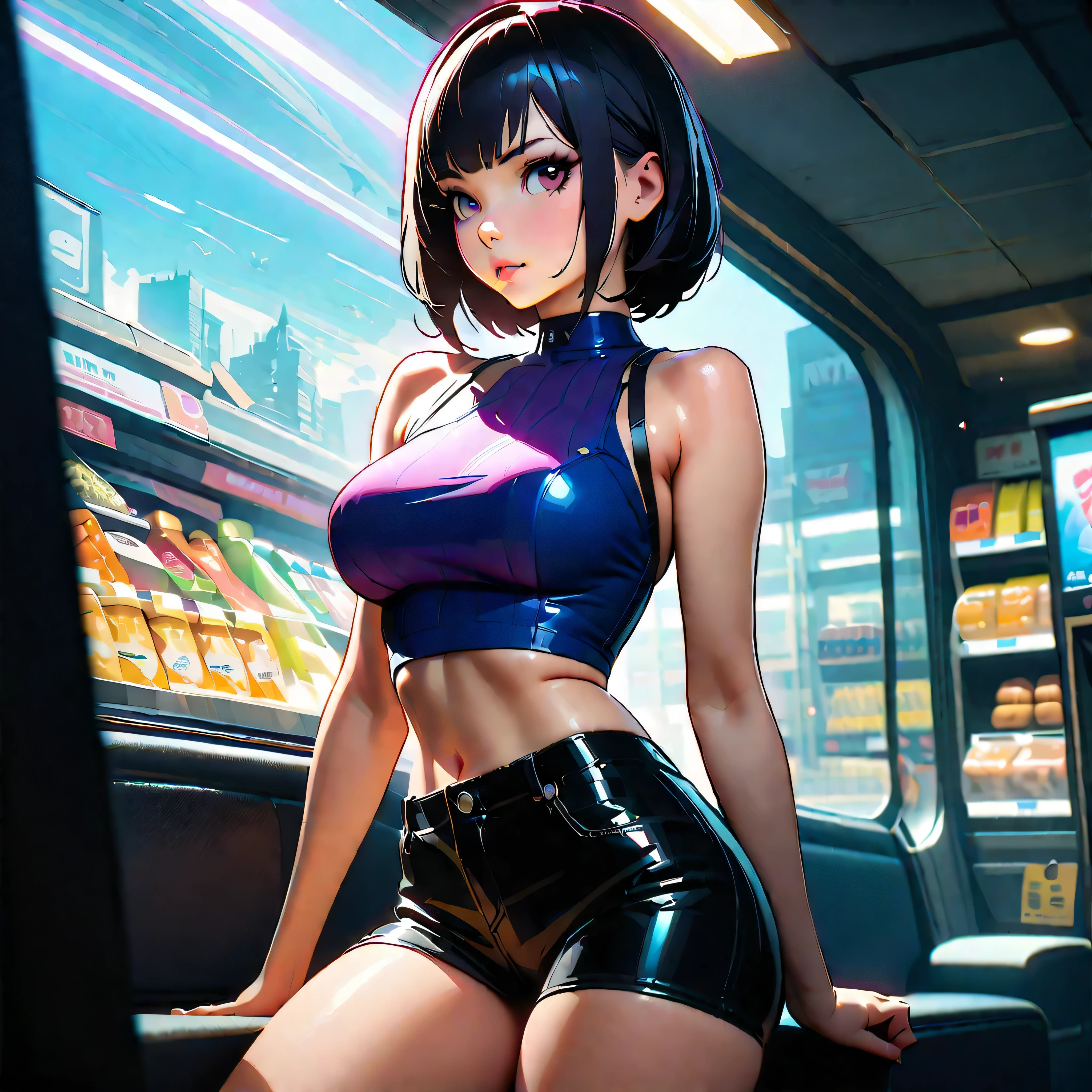 midnight nebulae starry_sky spacious moonset, A ultradetailed beautiful panting of a stylish girl wearing crop top in a convenience store, Oil painting, by Ilya Kuvshinov, Greg Rutkowski and Makoto Shinkai, heavenly beauty, barely clothed, ultra_high-details, ultra_high-quality, ultra_high-definition, ultra_high-resolution, UnrealEngine5 ultra Cinematic_sunLight, Epic tmasterpiece, dynamic composition, ultra-professional photorealistic, ultra-detailed, large breasts, BREAK holding a coffee cup, BREAK (car outdoors:1.2 deep path equirectangular) , glass, "Heavy Metal" chrome, extremely detailed, reflection, reveal transparent, varies multi etc. --v 6 --s 1000 --c 20 --q 5 --chaos 100