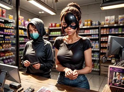 A masked robber in a late-night convenience store, a frightened cashier, night scene, dimly lit store, surveillance cameras reco...