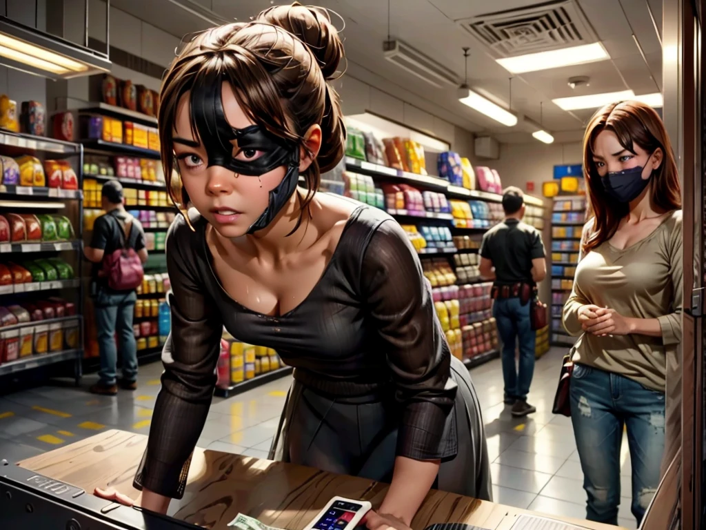 A masked robber in a late-night convenience store, a frightened cashier, night scene, dimly lit store, surveillance cameras recording, struggle for control, tense atmosphere, shelves stocked with various products, cash register with money, hushed whispers, desperate plea for help, fear in the eyes of the cashier, hasty movements, hidden panic button, security guard on lunch break, eerie silence, flickering fluorescent lights, abandoned aisles, dusty floor, shadows lurking in the corners, eerie reflections on windows. (best quality,4k,8k,highres,masterpiece:1.2),ultra-detailed,(realistic,photorealistic,photo-realistic:1.37), dark mood, suspenseful, thriller, cinematic lighting, contrasting colors, night sky, subdued tones, dramatic shadows.