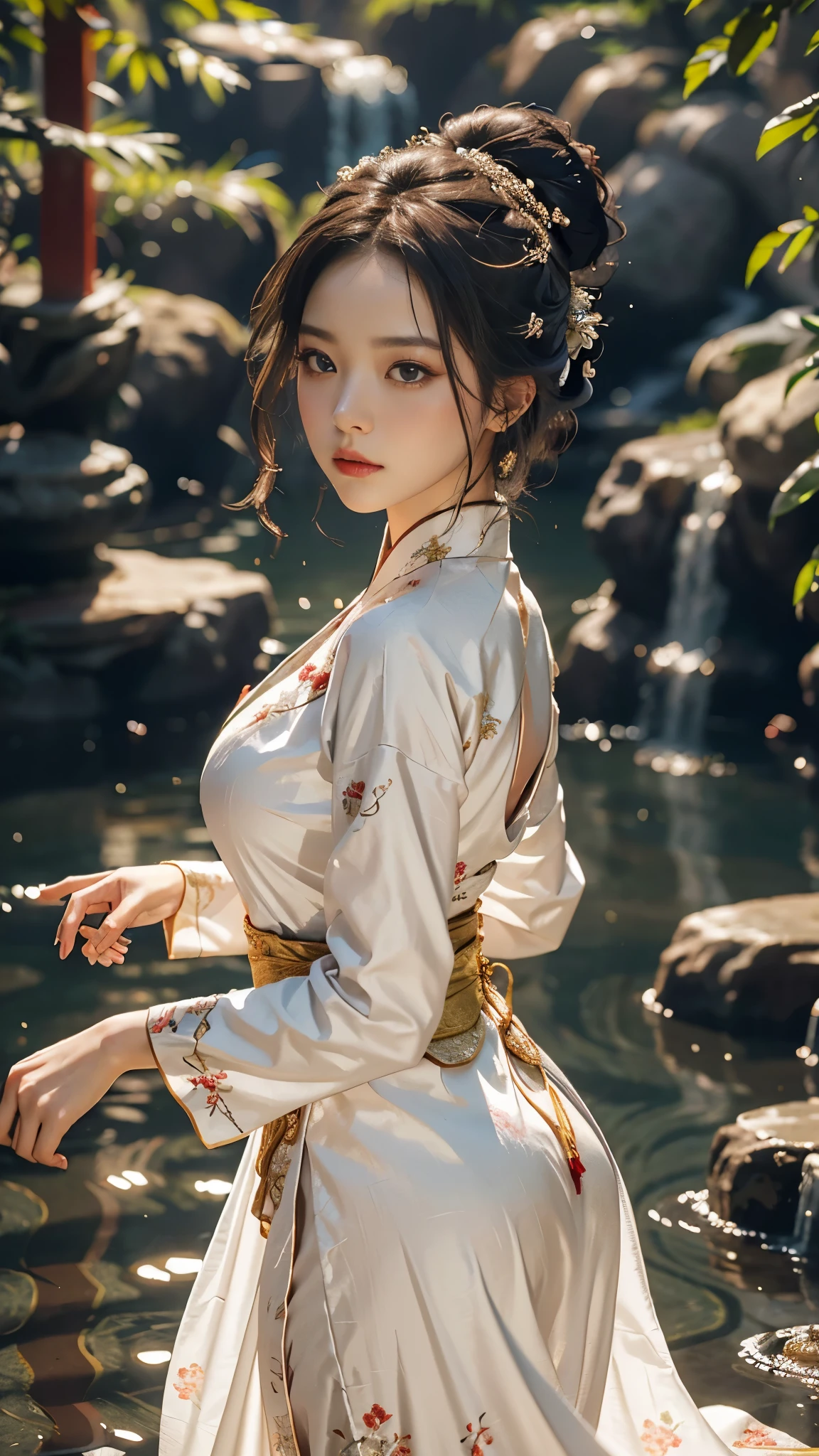 Best quality, masterpiece, highres (1.4), wuxia 1girl, clad in an exquisite China dress, revealed her super gorgeous face, adorned with delicate makeup and a serene expression. Her long, flowing hair, cascading down her back, shimmered under the sunlight, catching the eyes of onlookers. A moment of stillness before the action began, her super gorgeous eyes reflected determination and concentration. She gracefully tied her hair up into a high bun, securing it with intricately woven hairpins. With a swift and nimble movement, she drew her sword, prepared for an electrifying kung-fu fight. The China dress