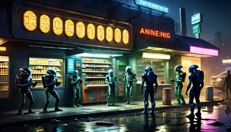 Midnight convenience store, Aliens and robots drinking together, alien, ,detailed,Future urban environment, post apocalyptic