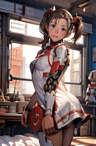 A Female robot is sleeping in bedroom, spread legs, nude, banzai pose. she wears no dress. She Brown short hair is tied with two big red clothespins, She lifts up the under hem of her white plain dress, leaning over, masterpiece, very short pigtails,brown hair, mature, android, blue eyes, full body figure, Height: 160cm, flushed cheeks, 2020s anime picture, A beautiful robot with short brown hair in two short pigtails held up by two very large huge red clothespins, Uplifting, No NSFW, whole body, barefoot, archaic smile, getting orgasm, 2, sweat bucket. 