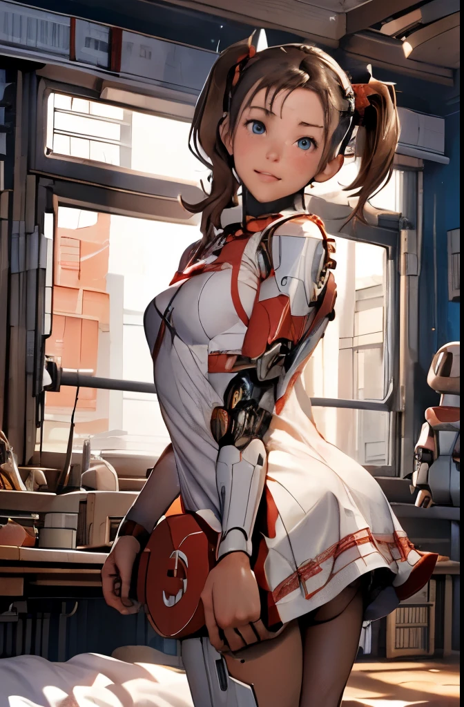 A Female robot is sleeping in bedroom, spread legs, nude, banzai pose. she wears no dress. She Brown short hair is tied with two big red clothespins, She lifts up the under hem of her white plain dress, leaning over, masterpiece, very short pigtails,brown hair, mature, android, blue eyes, full body figure, Height: 160cm, flushed cheeks, 2020s anime picture, A beautiful robot with short brown hair in two short pigtails held up by two very large huge red clothespins, Uplifting, No NSFW, whole body, barefoot, archaic smile, getting orgasm, 2, sweat bucket. 