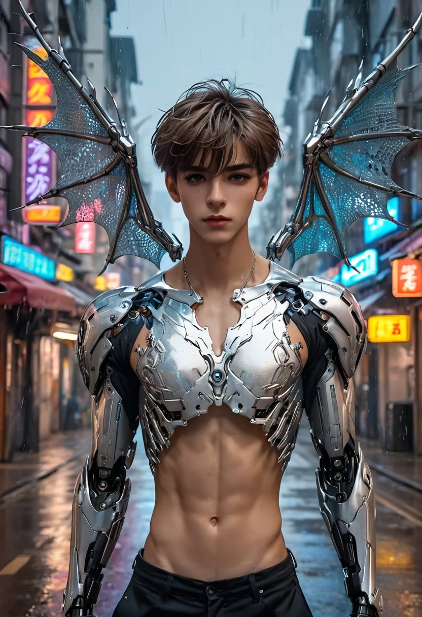 {{master piece}}, best quality, photograph of sexy twink, scantily clad, small flat chest, armor does not cover his bare chest and bare torso, ((exposed flat pectoralis muscles)), handsome detailed eyes, handsome boyish face, detailed cyberpunk city, flat chest, handsome detailed hair, wavy hair, handsome detailed street, mecha clothes, robot boy, cool movement , skinny twink body, {filigree}, dragon wings, colorful background, rainy days, {lightning effect}, beautiful, detailed sliver dragon armor，