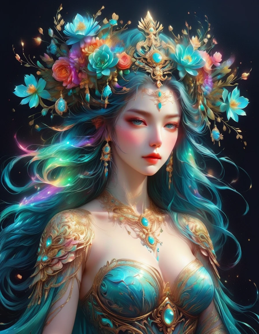 There was a beautiful lady holding a sword, fair and smooth skin, Flowers bloom, It is beautiful and delicate, Gold ornaments, turquoise decoration, Various gemstones, no clothes, Beautiful flowers, goddess, extremely high detail, Very detailed shot of the goddess, Extremely detailed flower goddess, blue sky, Character background with light rainbow halo, Psychedelic Goddess, Goddess Art, Beautiful digital artwork, beautiful goddess, first-person view, pov, cowboy shot, UHD, masterpiece, ccurate, anatomically correct, textured skin, super detail, best quality, 8k