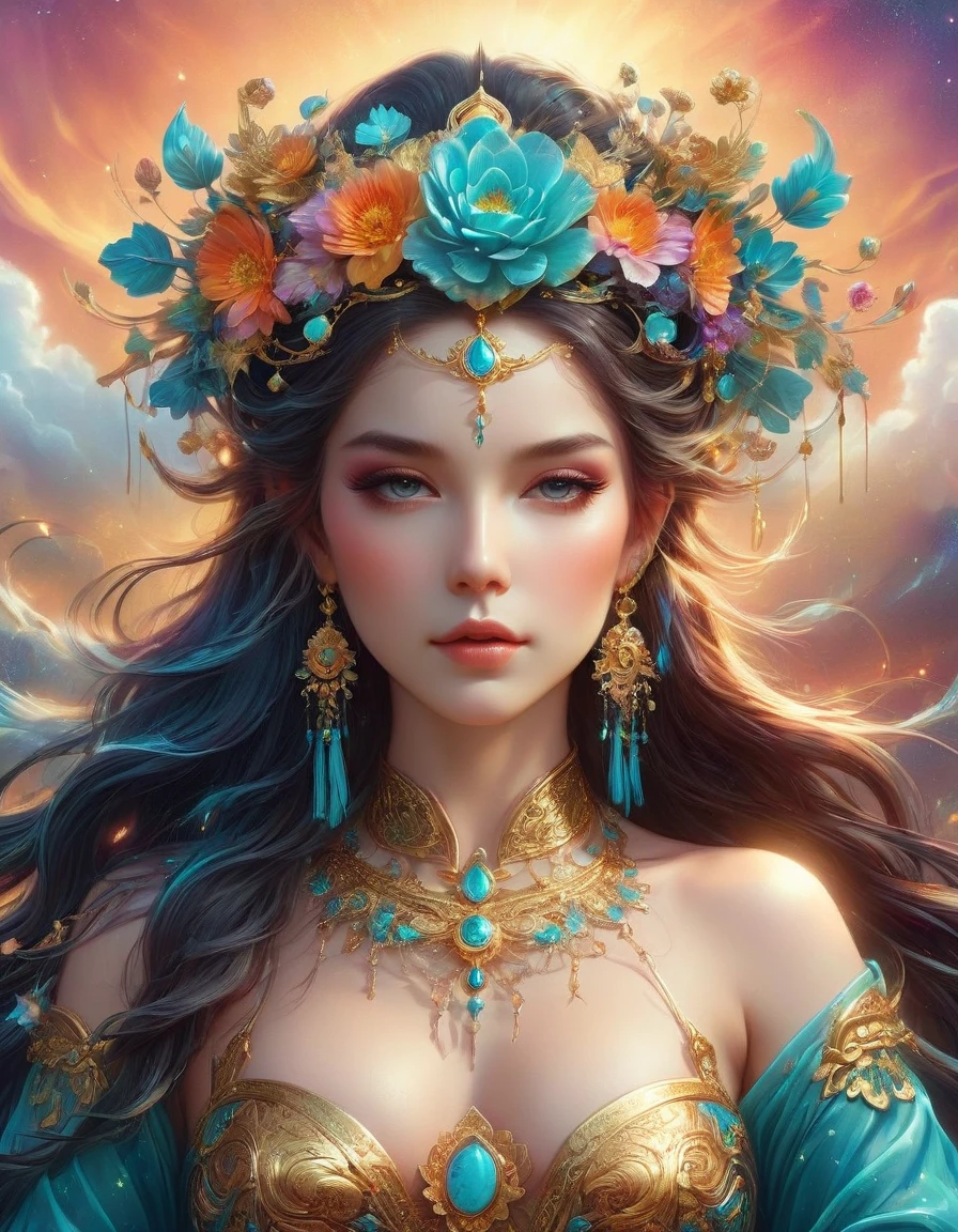 There was a beautiful lady holding a sword, fair and smooth skin, Flowers bloom, It is beautiful and delicate, Gold ornaments, turquoise decoration, Various gemstones, no clothes, Beautiful flowers, goddess, extremely high detail, Very detailed shot of the goddess, Extremely detailed flower goddess, blue sky, Character background with light rainbow halo, Psychedelic Goddess, Goddess Art, Beautiful digital artwork, beautiful goddess, first-person view, pov, cowboy shot, UHD, masterpiece, ccurate, anatomically correct, textured skin, super detail, best quality, 8k