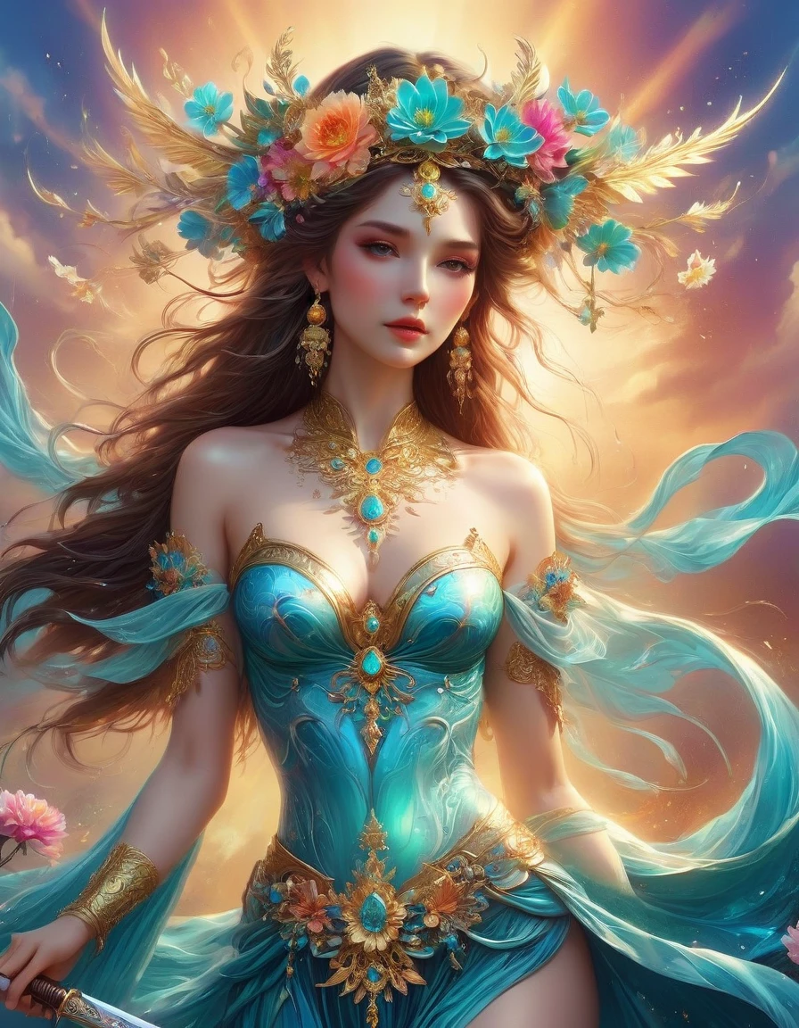 There was a beautiful lady holding a sword, fair and smooth skin, Flowers bloom, It is beautiful and delicate, Gold ornaments, turquoise decoration, Various gemstones, no clothes, Beautiful flowers, goddess, extremely high detail, Very detailed shot of the goddess, Extremely detailed flower goddess, blue sky, Character background with light rainbow halo, Psychedelic Goddess, Goddess Art, Beautiful digital artwork, beautiful goddess, first-person view, pov, cowboy shot, UHD, masterpiece, ccurate, anatomically correct, textured skin, super detail, best quality, 8k