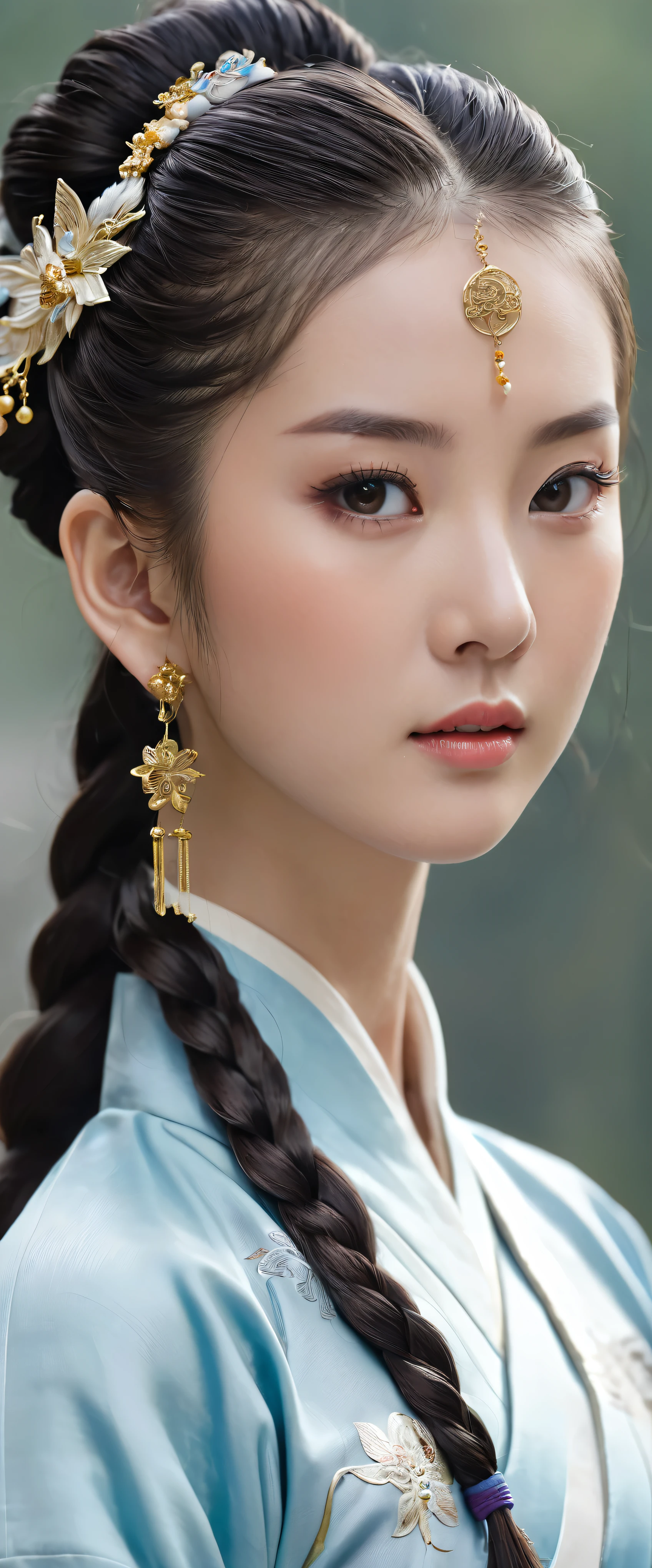 mais alta qualidade、Obra de arte、alta resolução(1.4)、wuxia 1girl, dressed in an exquisite vestido chinês,、Revelou seu rosto super lindo adornado com maquiagem sutil e um look sereno.。longos cabelos esvoaçantes em cascata pelas costas、Brilhando à luz do sol、Chamou a atenção dos curiosos。Um momento de silêncio antes do início da ação、Seus lindos olhos refletiam determinação e foco.。Ela usava o cabelo elegantemente em um coque alto.、Seu cabelo estava preso com grampos intrincadamente trançados.。Com um movimento rápido e hábil, ela desembainhou a espada.、Prepare-se para um combate eletrizante de kung fu。vestido chinês