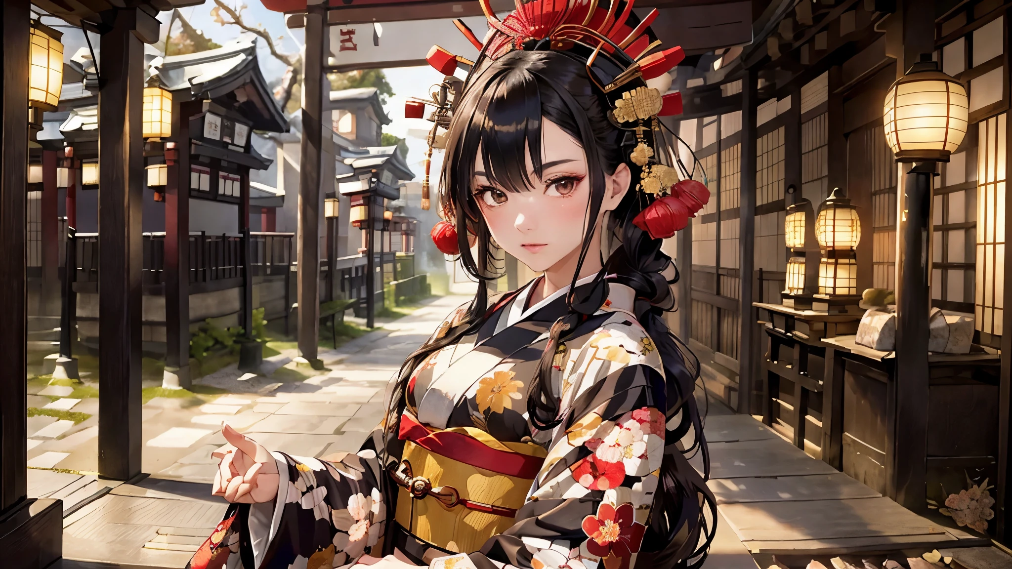 (Oiran:1.4)、1 girl,black hair fringe long hair、braided hair、messy hair、The extraordinary beauty of light brown eyes)、(dignified expression)、(Traditional kimono with colorful and shiny luxury Japan:1.4)、(:1.4)、(Photoreal)、(intricate details:1.2)、(masterpiece、:1.3)、(highest quality:1.4)、(超A high resolution:1.2)、超A high resolution、(detailed eye)、(detailed facial features)、wearing a kimono_great night of clothes:1.4)、cherry blossom moon、five-storied pagoda、Japanese Temples