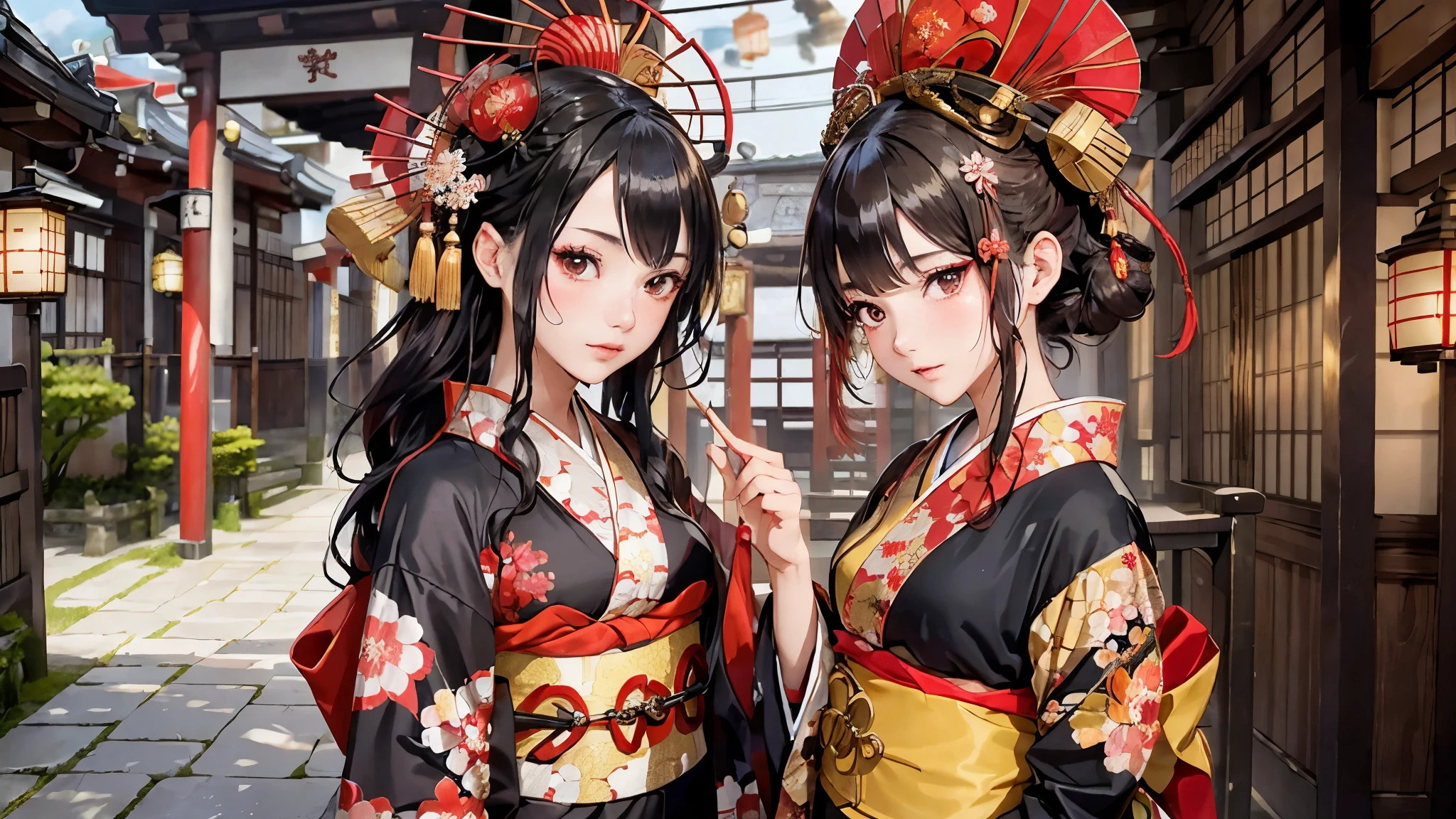 (Oiran:1.4)、1 girl,black hair fringe long hair、braided hair、messy hair、The extraordinary beauty of light brown eyes)、(dignified expression)、(Traditional kimono with colorful and shiny luxury Japan:1.4)、(:1.4)、(Photoreal)、(intricate details:1.2)、(masterpiece、:1.3)、(highest quality:1.4)、(超A high resolution:1.2)、超A high resolution、(detailed eye)、(detailed facial features)、wearing a kimono_great night of clothes:1.4)、cherry blossom moon、five-storied pagoda、Japanese Temples