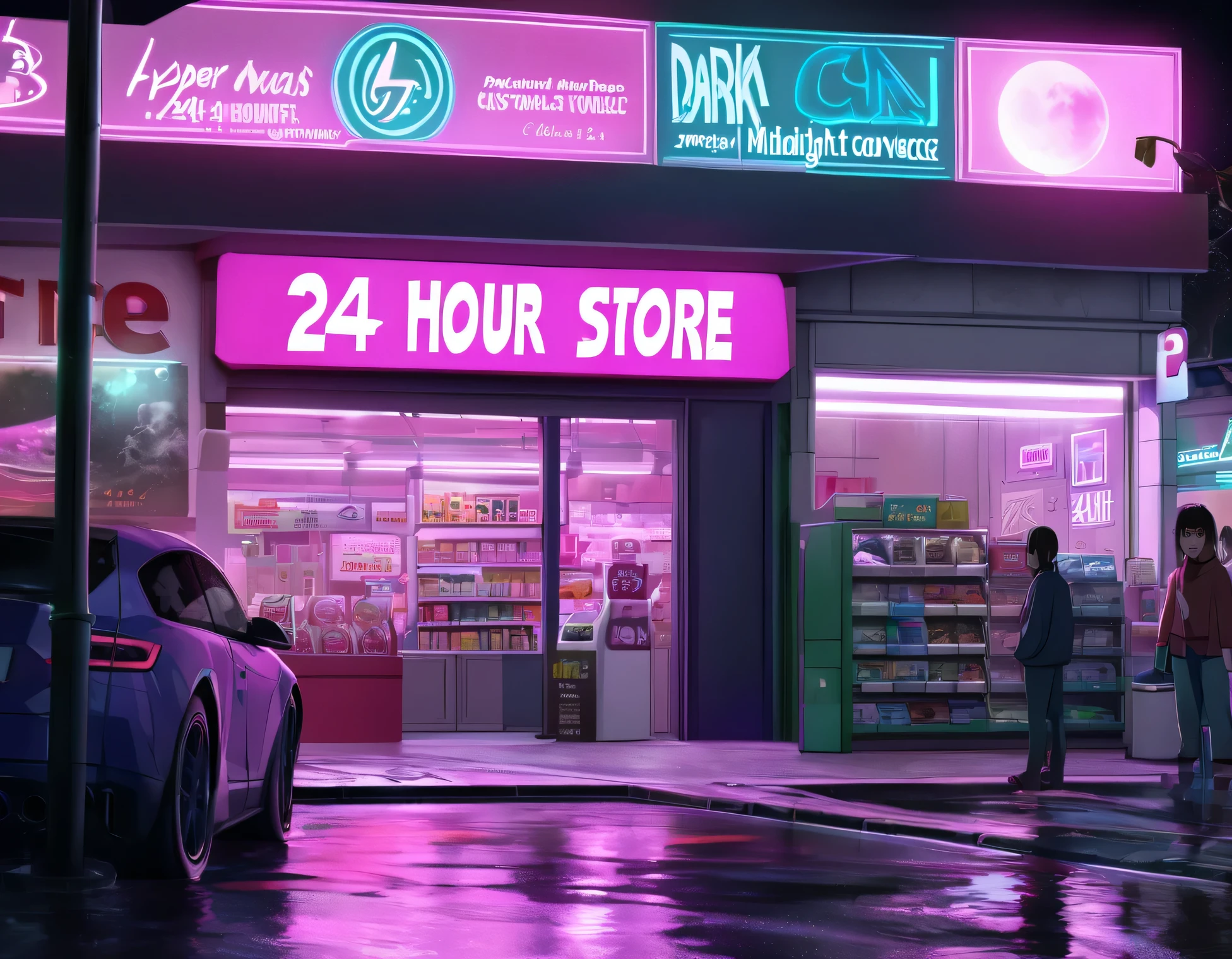 general shot, ((large midnight convenience store from another world, another planet, futuristic, with aliens buying: 1.5)), (town, street at midnight, wind: 1.3, flying papers: 1.3, puddles of water in the streets:1.3, car parking, ((sign with text, "24 hour store" in neon magenta:1.3)), street lamps lighting, heavy rain, dark and cold night:1.3), masterpiece, hyper realistic, highly detailed and well defined, award-winning image, beautiful photography, CG K: 1.4, 8k