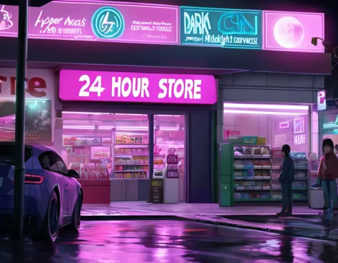 general shot, ((large midnight convenience store from another world, another planet, futuristic, with aliens buying: 1.5)), (town, street at midnight, wind: 1.3, flying papers: 1.3, puddles of water in the streets:1.3, car parking, ((sign with text, "24 ho...