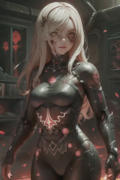 extremely realistic shading, masterpiece, extremely detailed, photorealistic, mechanical, woman, dress, room, glowing red eyes, ...