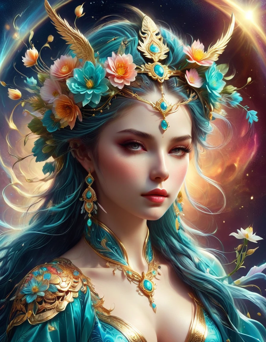 There was a beautiful lady holding a sword, fair and smooth skin, Flowers bloom, It is beautiful and delicate, Gold ornaments, turquoise decoration, Various gemstones, no clothes, Beautiful flowers, goddess, extremely high detail, Very detailed shot of the goddess, Extremely detailed flower goddess, blue sky, Character background with light rainbow halo, Psychedelic Goddess, Goddess Art, Beautiful digital artwork, beautiful goddess, first-person view, pov, cowboy shot, UHD, masterpiece, ccurate, anatomically correct, textured skin, super detail, best quality, 8k