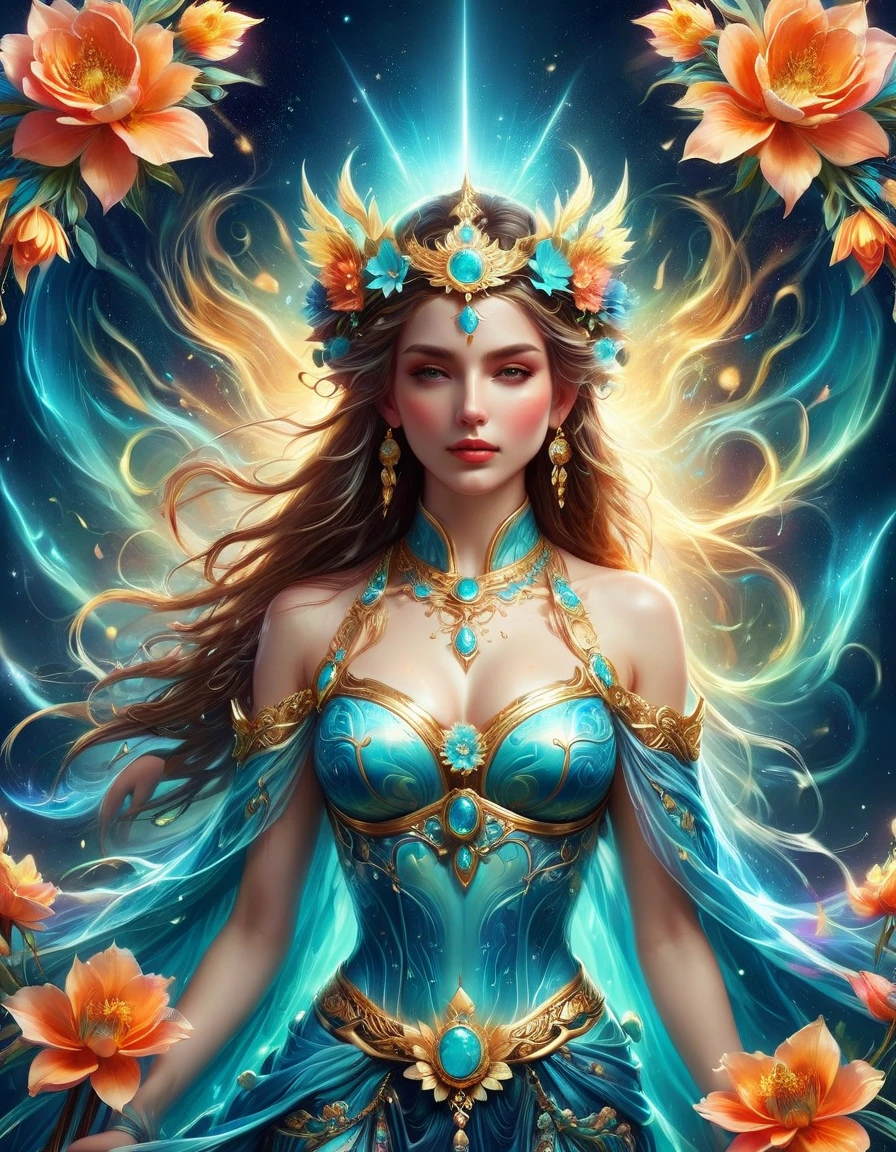 There was a beautiful lady holding a sword, fair and smooth skin, Flowers bloom, It is beautiful and delicate, Gold ornaments, turquoise decoration, Various gemstones, no clothes, Beautiful flowers, goddess, extremely high detail, Very detailed shot of the goddess, Extremely detailed flower goddess, blue sky, Character background with light rainbow halo, Psychedelic Goddess, Goddess Art, Beautiful digital artwork, beautiful goddess, first-person view, pov, cowboy shot, UHD, masterpiece, ccurate, anatomically correct, textured skin, super detail, best quality, 8k