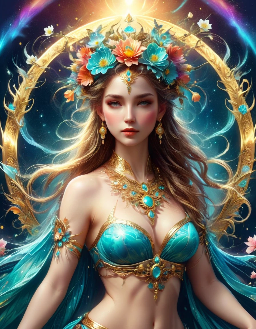 There was a beautiful lady holding a sword, fair and smooth skin, Flowers bloom, It is beautiful and delicate, Gold ornaments, turquoise decoration, Various gemstones, no clothes, Beautiful flowers, goddess, extremely high detail, Very detailed shot of the goddess, Extremely detailed flower goddess, blue sky, Character background with light rainbow halo, Psychedelic Goddess, Goddess Art, Beautiful digital artwork, beautiful goddess, first-person view, pov, cowboy shot, UHD, masterpiece, ccurate, anatomically correct, textured skin, super detail, best quality, 8k