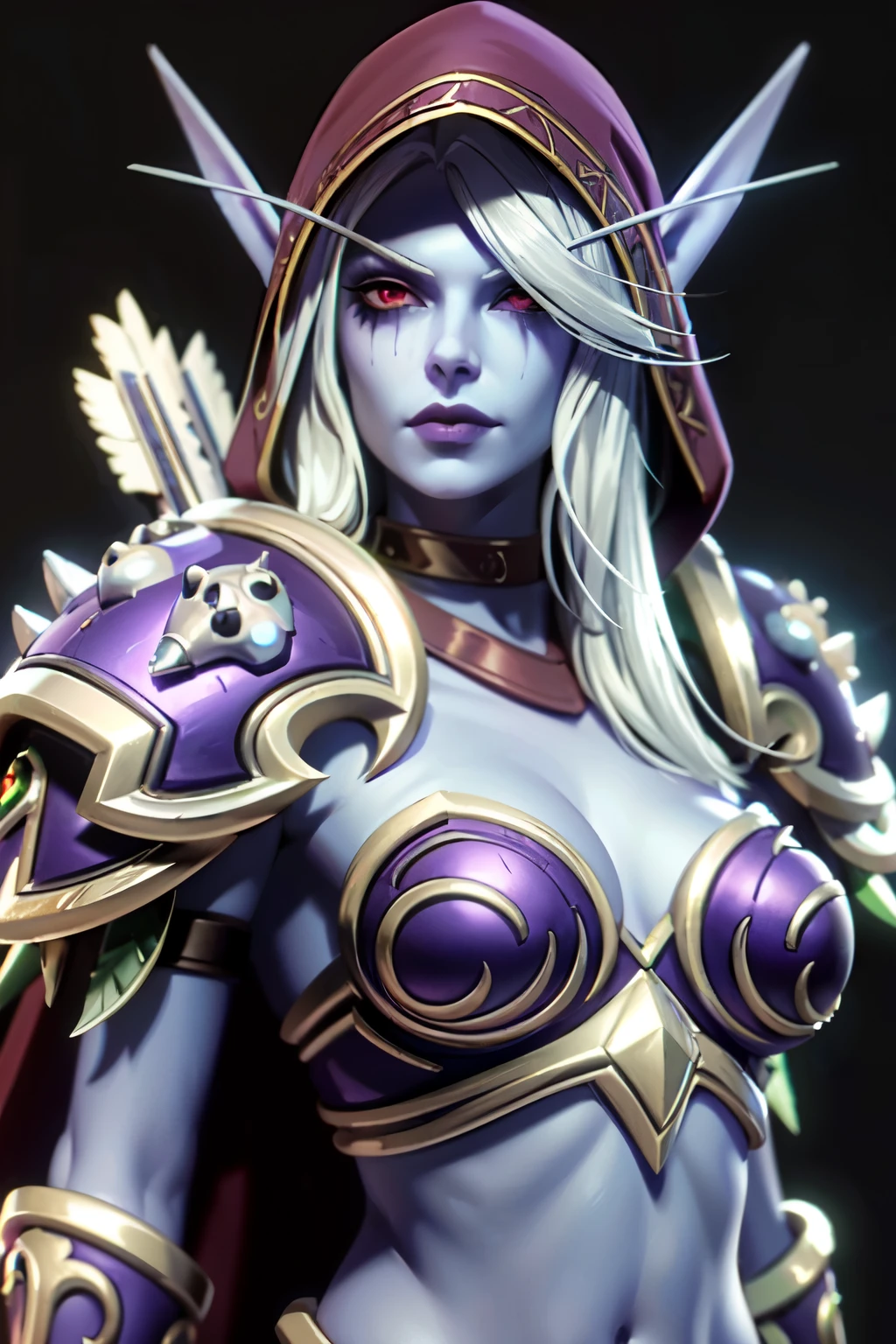 (Masterpiece, Best quality:1. 3) 1 girl, solo, elf, Sylvanas Windrunner, long hair, silver hair, large breasts, looking at viewer, plain background, red eyes, cleavage, medium breasts, upper body, white hair, choker, hood, cape, pointed ears, armor, hair over one eye, lips, shiny, colored skin, black background, goblin, shoulder armor, cape, shoulder pads, blue skin, arrow, bikini armor, shoulder pads, undead, violet skin color.