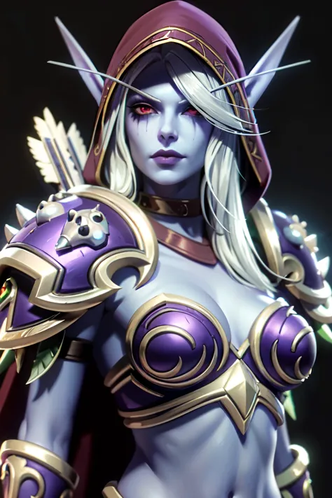 (Masterpiece, Best quality:1. 3) 1 girl, solo, elf, Sylvanas Windrunner, long hair, silver hair, large breasts, looking at viewe...