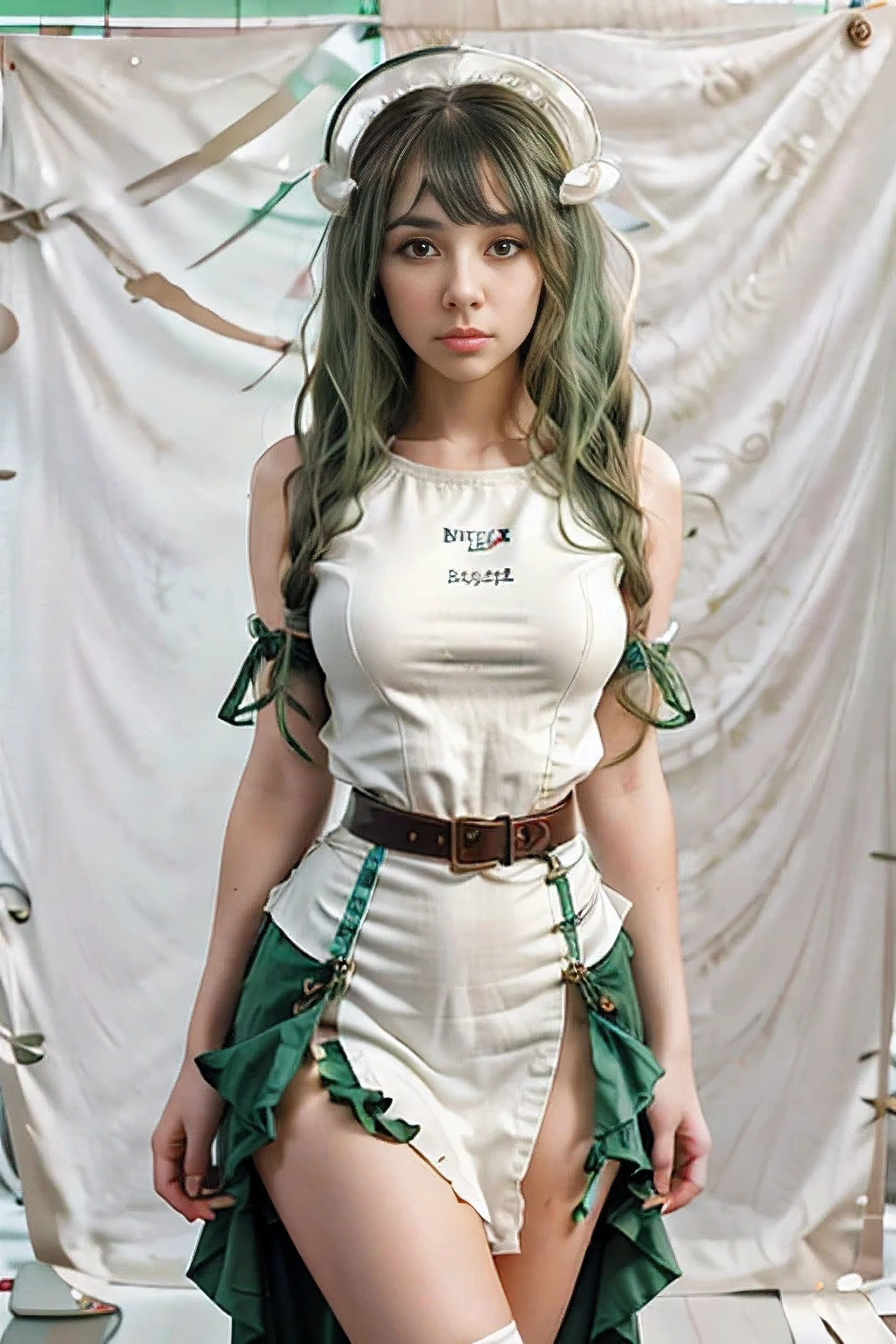 ((live 2D))  masterpiece, 1girl, full body, stands straight, steampunk clothes, military clothing, looking at viewer, detailed face, girl with green wavy hair, bangs, metal sheep horns, gradient hair, multicolored hair, light green hair, turquoise hair tips, wavy hair, gradient eyes, orange eyes, (simple background, white background: 1.3)