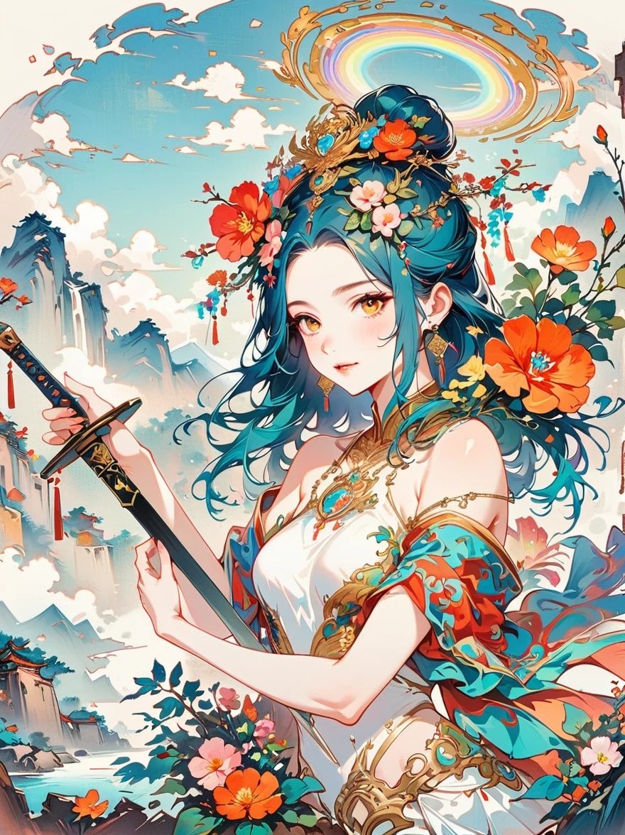 Chinese ink style, Chinese dream landscape, There was a beautiful lady holding a sword, fair and smooth skin, Flowers bloom, It is beautiful and delicate, Gold ornaments, turquoise decoration, Various gemstones, no clothes, Beautiful flowers, goddess, extremely high detail, Very detailed shot of the goddess, Extremely detailed flower goddess, blue sky, Character background with light rainbow halo, Psychedelic Goddess, Goddess Art, Beautiful digital artwork, beautiful goddess, first-person view, pov, cowboy shot, UHD, masterpiece, ccurate, anatomically correct, textured skin, super detail, best quality, 8k