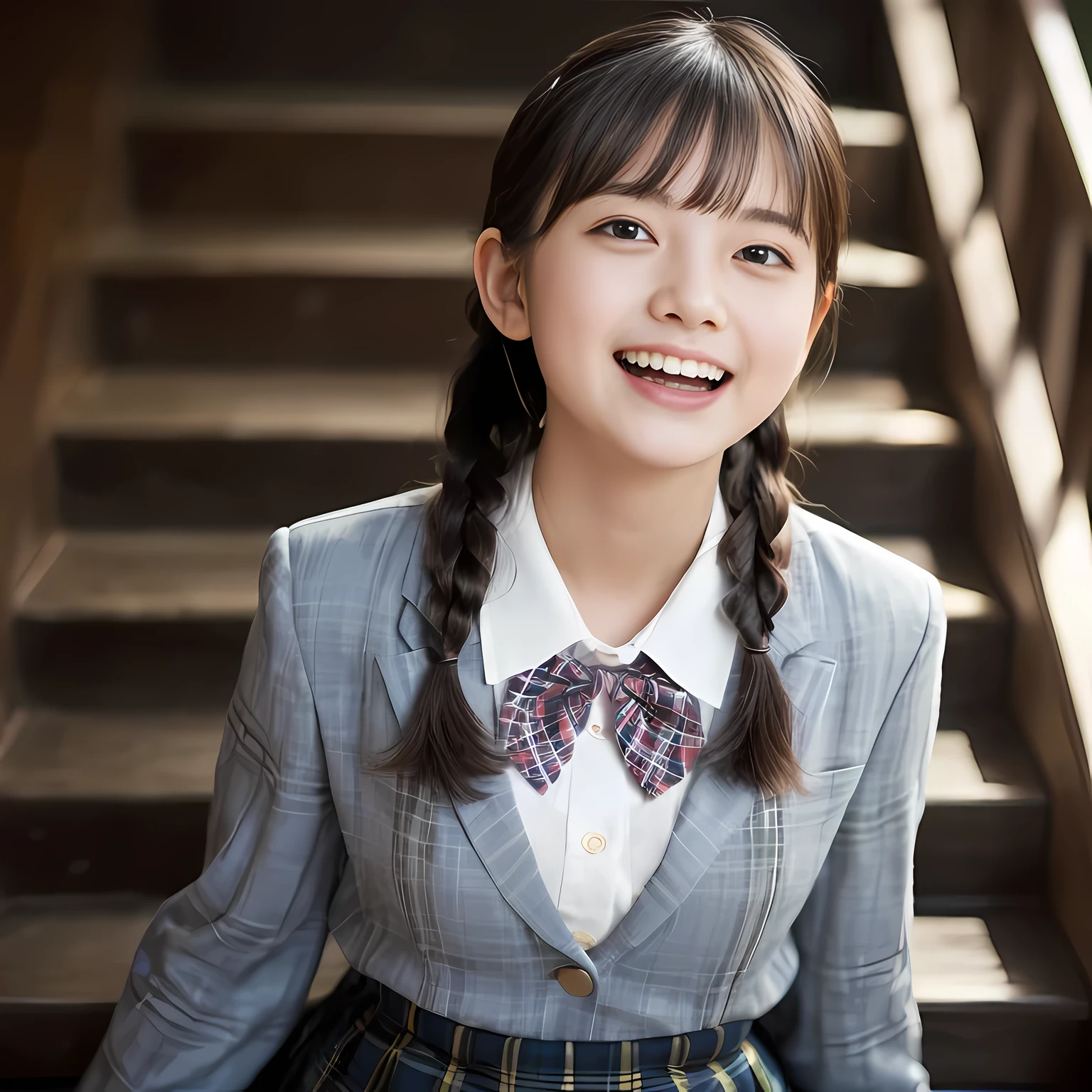 (highest quality、masterpiece:1.2)、highest quality、realistic、photograph、High resolution、1080p、8K、The face is especially pale., physical rendering、((Height: 155cm)), one Japanese girl、((Siren in the form of a 15-year-old Japanese junior high school student)), ((((Siren in the form of a beautiful girl fashion model from a Japanese magazine)))), , (((big very detailed beautiful dark brown eyes))), ((blue girly large wine-red glossy polyester Japanese school ribbon bow tie)), (((black beautiful long twin braids hair))), ((((deep blue colored tartan checkered formal long pleated pleated skirt)))), ((A unpatterned formal dark blue blazer in solid that is slightly oversized and has an emblem on the left chest.)), ((((((laughing at me!)))))), mouth is open, The large blazer and skirt are very cute., detailed fingers, Slender body, ((curled bangs)), so beautiful, long eyelashes, ((Very big and very very very cute eyes of a Japanese girl)), ((large pupils)), double eyelids, The entire skirt is photographed, thin eyebrows, ((drooping eyes)), ((long eyelashes)), ((cute lovely lovely laughing laughing cheeks)), ((Pure white light hits her face from above and in the front, making her skin and eyes shine beautifully.)), ((Strong light hits the nose and cheeks、It brings out the richness of the expression.)), (((((Her face is expressive, pure and very intelligent.))))), (((((going down demoniac evil stairs bringing me to the underground demoniac temple of Succubus!!))))), ((shot from her back))