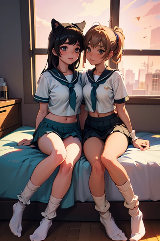 obra maestra,hiper calidad, Muy detallado,dibujo perfecto,nffsw,3d,8k,Dos hermosas chicas anime besándose mientras presionan sus pechos Dos hermosas chicas anime mirándose de frente, Juntando nuestros pechos、Abrazando la animación japonesa　Chica anime Moe　kogal　Piel marrón　calcetines sueltos(Calcetines holgados:1.5)　maquillaje de chica　Traje de marinero　mini falda(0.8)　ropa interior de lujo、Puedo ver tus pantalones、dormitorio、Iluminación indirecta、Vista nocturna fuera de la ventana.、hermoso fondo、Vista de detalles、Dibujos precisos、cara clara,ilustración perfecta、