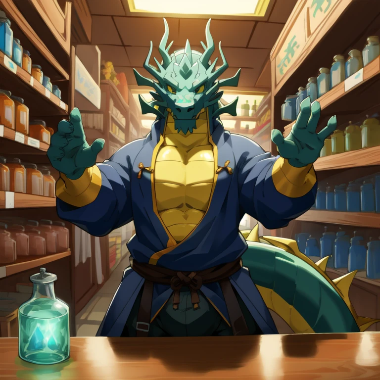 On the counter of a shop full of glowing potions，A dragon in a medieval tight-fitting costume，There is a huge bulge，Greet you with a warm smile