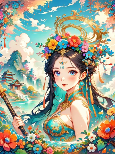 Chinese ink style, Chinese dream landscape, There was a beautiful lady holding a sword, fair and smooth skin, Flowers bloom, It ...