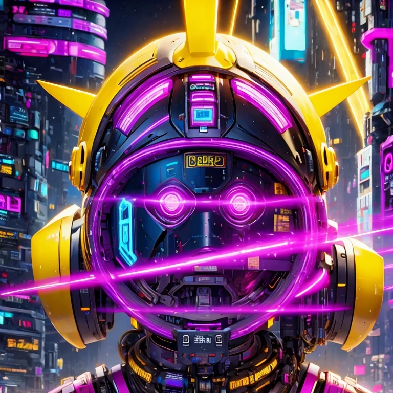 un gros plan d&#39;un robot avec une tête brillante et un fond violet, cybermécanique, in style of bip, pikachu cyberpunk, style hybrid mix of bip, 3 d render bip, joli robot épique élaboré, bip masterpiece, style artistique cyberpunk, robot jaune, bip!!, cyber steampunk 8k 3j