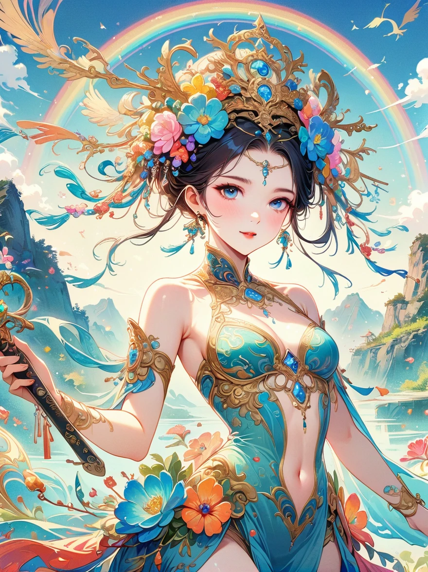 Chinese ink style, Chinese dream landscape, There was a beautiful lady holding a sword, fair and smooth skin, Flowers bloom, It is beautiful and delicate, Gold ornaments, turquoise decoration, Various gemstones, no clothes, Beautiful flowers, goddess, extremely high detail, Very detailed shot of the goddess, Extremely detailed flower goddess, blue sky, Character background with light rainbow halo, Psychedelic Goddess, Goddess Art, Beautiful digital artwork, beautiful goddess, first-person view, pov, cowboy shot, UHD, masterpiece, ccurate, anatomically correct, textured skin, super detail, best quality, 8k