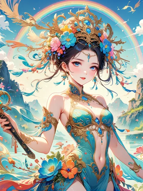 chinese ink style, chinese dream landscape, there was a beautiful lady holding a sword, fair and smooth skin, flowers bloom, it ...