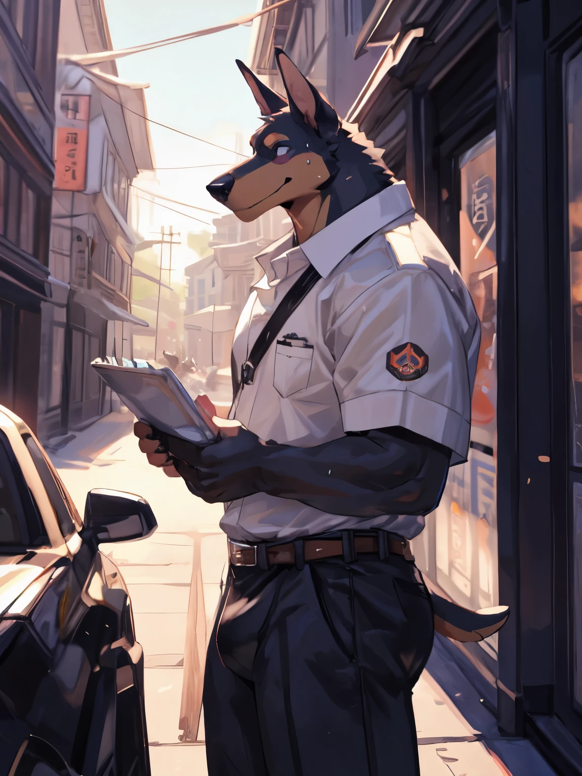 deobaed anatomy, Humanity，((Black-browndoberman pinscher| Black-brown | pink eyes)),doberman pinscher,(衣服被Sweat沾湿变的透明),(Sweat),Delivery boy,(close-up),((cowboy shot)),(motion blur),first-person view,parted lips,tired,(Leaning on an electric car),Perfect pink eyes,Takeaway in hand,middle age,male,Fresh streets,Kanno,Muscular plump,Athletic,(的Meituan takeaway clothes),(( Meituan takeaway clothes)),bulge,(super detailed),sharp focus,light smile,tailed eyes，Doberman tail ，best qua,lity,by bebebebebe, by zackary911