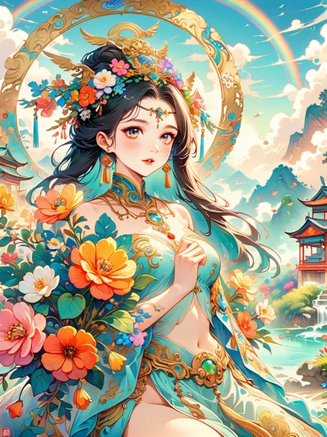 chinese ink style, chinese dream landscape, there was a beautiful lady holding a sword, fair and smooth skin, flowers bloom, it ...