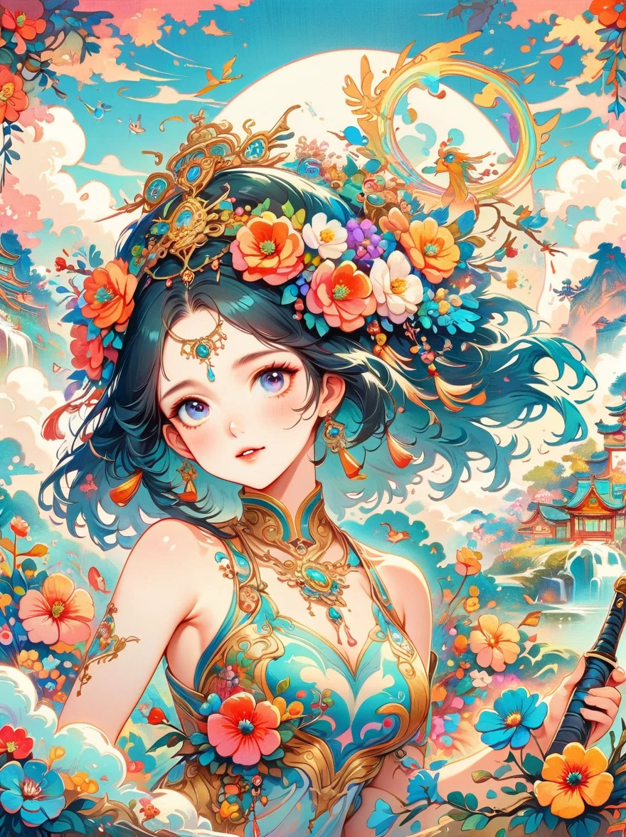 Chinese ink style, Chinese dream landscape, There was a beautiful lady holding a sword, fair and smooth skin, Flowers bloom, It is beautiful and delicate, Gold ornaments, turquoise decoration, Various gemstones, no clothes, Beautiful flowers, goddess, extremely high detail, Very detailed shot of the goddess, Extremely detailed flower goddess, blue sky, Character background with light rainbow halo, Psychedelic Goddess, Goddess Art, Beautiful digital artwork, beautiful goddess, first-person view, pov, cowboy shot, UHD, masterpiece, ccurate, anatomically correct, textured skin, super detail, best quality, 8k