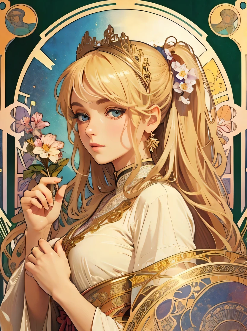 ((masterpiece、highest quality、Super fine、High resolution、photorealistic、sharp focus、cinematic lighting))、((1 female、bust shot))、art nouveau style watercolor、greek goddess、big breasts、Big eyes、long and thick eyelashes、pale skin、lip whole、green eyes、long thick blonde hair、high ponytail、sexy white robe、flower background、tarot cards、Beautifully decorated oval frame、Intricate designs and patterns in the style of Alphonse Mucha、Detailed hand depiction