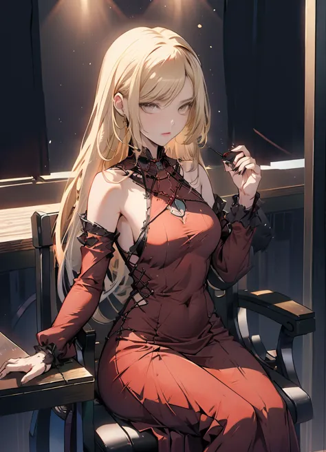 red dresedium long hair、high resolution、blonde、red clothes、party dress、noble lady、elder、sat on a chair、portrait、crimson、looked a...