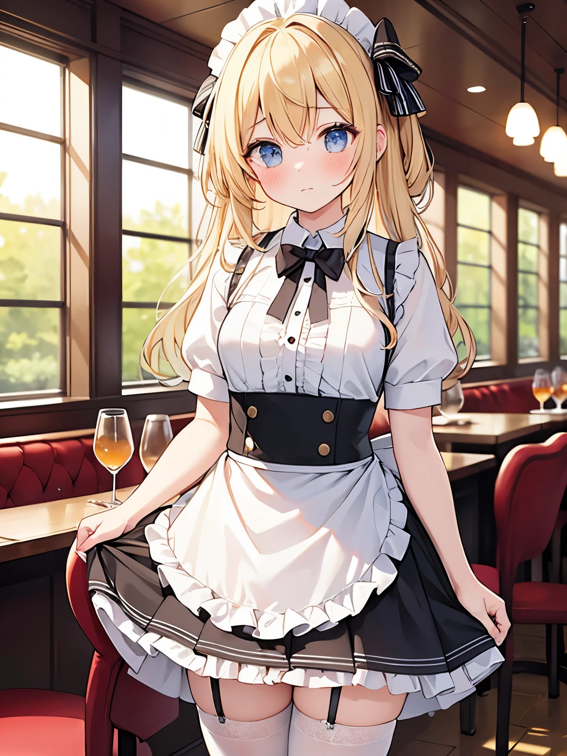 masterpiece, {{{{Highest quality}}}}, beautiful, 1girl, blonde_hair, facing at viewer,looking at viewer,{{(embarrassed)}}, {waitress}, skirt, garter belt, {{Restaurant}}, {{indoor}},