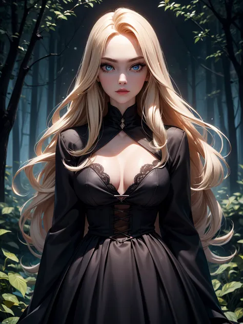 Create a mesmerizing masterpiece of the highest quality, featuring a captivating solo female Dhampir character with pale skin an...