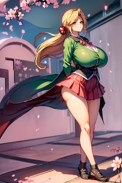 ((woman,huge breasts, (huge breasts:1.8),とても唇が赤いhuge breastsを強調,big ass,thin waist,long legs,green eyes立っている)) ((((anime style))...