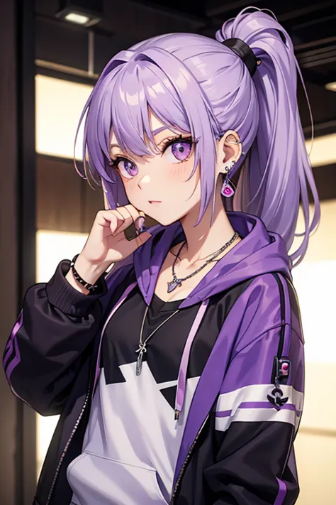 ponytail, light purple hair, hoodie, retro gothic, posture, lovely, high quality, necklace, ring, bracelet, earrings