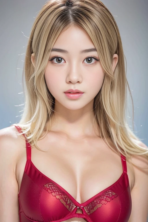 美しい日本人女性、1人,とても可愛くてスリム、優れたスタイル 、((8K画像、超高品質))、とても繊細な顔, 皮膚と髪、ショートヘア、後れ毛,(((((((グラデーションヘア、ブロンド))))))),とてもかわいい日本の顔、目と鼻がはっきりと見える、優しい目,(((赤いランジェリー、シンプルな背景、視聴者を見て)))、全身ショット