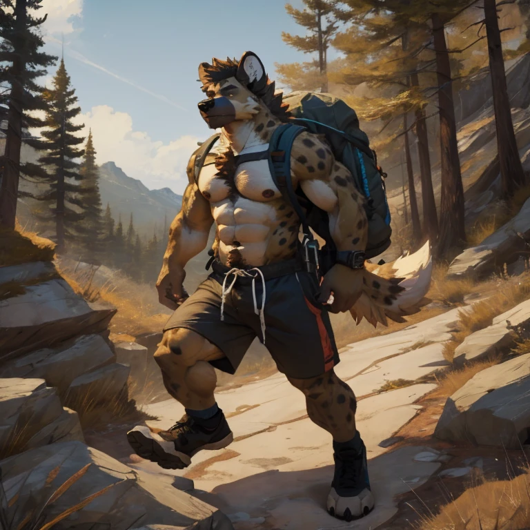 ((best quality)), ((masterpiece)), (detailed), hyena, furry, anthropomorphic, muscular, hairy chest and torso, gym shorts, with backpack, hiking, adventure
