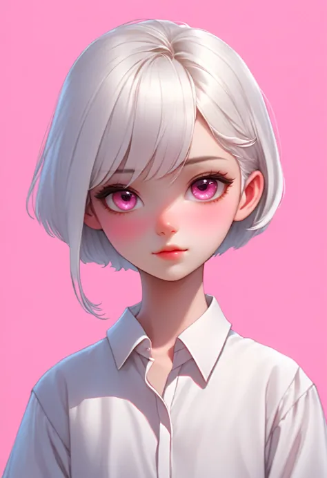 schoolboy, with short white hair, white color blouse, beautiful face, pink back ground, first-person view, best quality, high de...