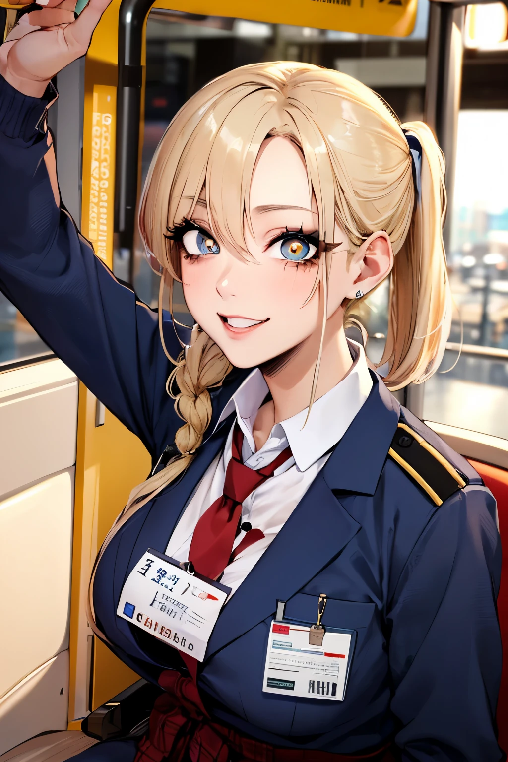 Detailed eyes, detailed mouth, detailed pupils, long eyelashes, foundation, blushing, beautiful face, bus guide uniform, mature woman, plump, waist, blonde double ponytail, smile, name tag, masterpiece, dramatic description, Highly rated work, high image quality, high definition, under the blue sky, turning around