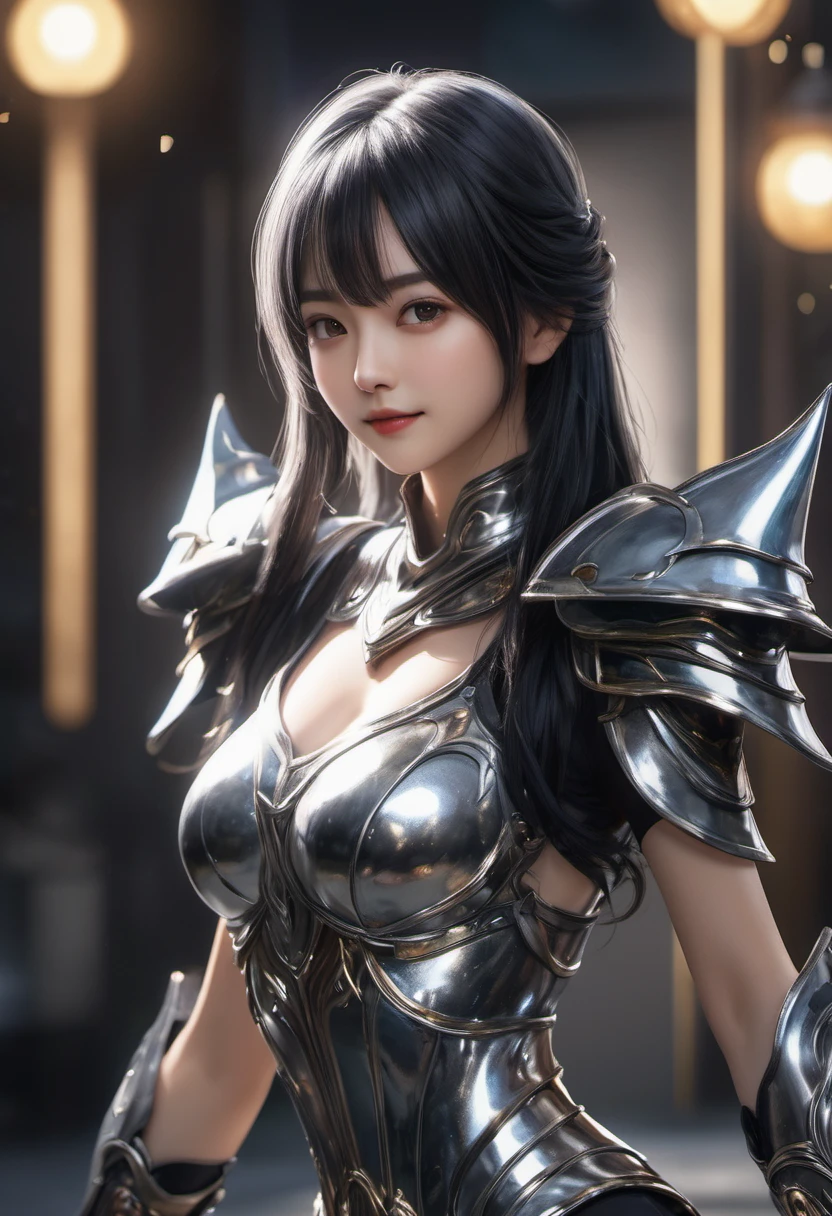 ((highest quality)), ((masterpiece)), (get used to it), perfect face, shoulder length black hair、22 years old female。Clad in dazzling silver armor、smile gently、sidekick、Fighting Pose.、A bright light shines from behind, Envelops the entire body.