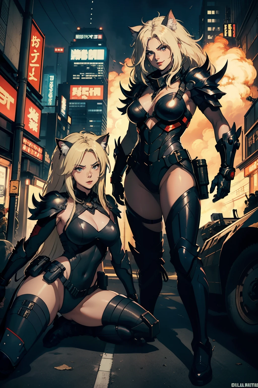 ((highest quality)), ((masterpiece)), (be familiar with), (High definition), 8K, perfect face、2 women、Two blonde women with cat ears standing side by side、(2 Lying:1.2), (fearless smile)、combat readiness、tall、2 Blonde cat ears、2. Long Hair、2. Volumetric hair style、big breasts、constricted waist、big ass、glamorous、Glamorous、protector、Armor、combat suit、combat boots、armed、Equipped with large firearms、Posing in front of a tank、cinematic、best shadow、side lighting、NEO TOKYO、explosion