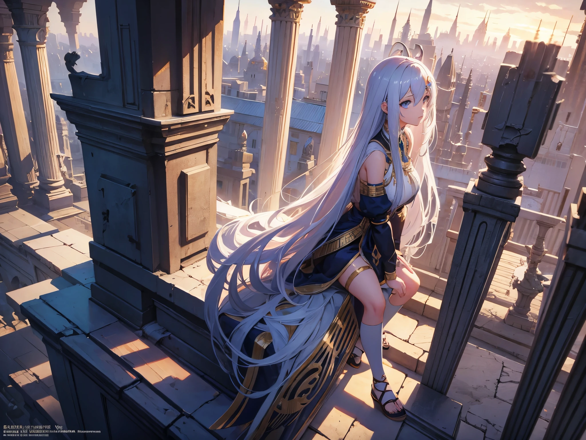 Chica de anime con cabello largo y blanco sentada en una cornisa mirando la ciudad, 2. 5 d cgi ilustración de fantasía de animes, ilustración de fantasía de animes, ilustración de fantasía de anime, Chica androide en ruinas egipcias, hermoso anime de fantasía, Arte detallado en 8K de alta calidad, Frente a una ciudad fantástica, hermosa emperatriz de fantasía, Obra de arte estilo Gwaites, estilo anime 4k
