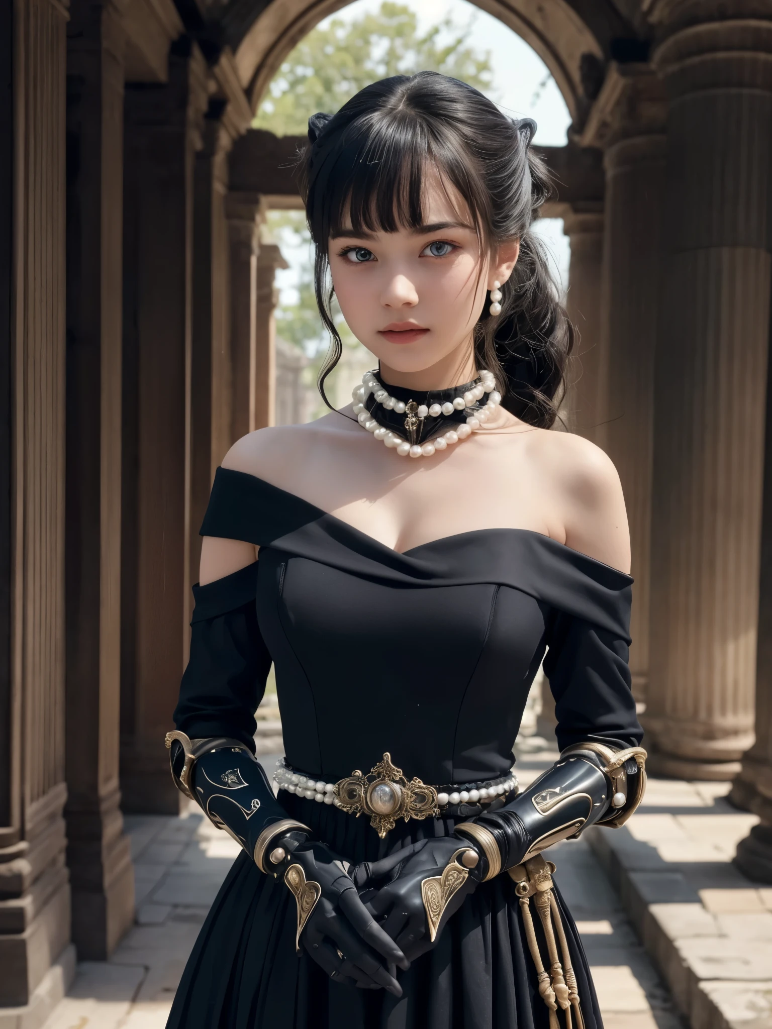 queen wearing off shoulder dress, BREAK, 1girl, off shoulder long dress, shoulder, royal interior, pearl necklace, elegant hairdo, 

nsfw, masterpiece, best quality, high resolution, ultra-detailed, realistic, swept bangs, low ponytail, highly detailed face, highly detailed eyes, tareme, cyborg robotic arms and hands, gloves, samurai pauldron, fighting stance, ancient ruins, clockpunk, (13yo, cute:1.3), 