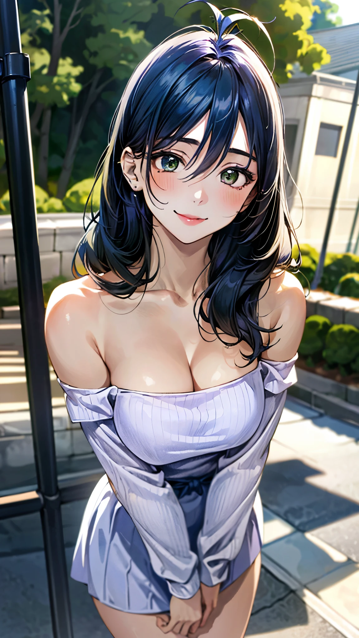 (masterpiece:1.3, top-quality, ultra high res, ultra detailed), (realistic, photorealistic:1.4), beautiful illustration, perfect lighting, natural lighting, colorful, depth of fields, ,
beautiful detailed hair, beautiful detailed face, beautiful detailed eyes, beautiful clavicle, beautiful body, beautiful chest, beautiful thigh, beautiful legs, beautiful fingers, 
looking at viewer, 1 girl, japanese, high school girl, (perfect anatomy, anatomically correct), cute and symmetrical face, babyface, perfect face, perfect eyes, shiny skin, slender, 
(long hair:1.7, wavy hair:0.8, blue hair), antenna hair, hair between eyes, emerald green eyes, long eye lasher, (large breasts:0.8, seductive thighs), 
((long sleeve light purple knit dress, black tube top)), 
(beautiful scenery), summer, evening, (school), (lovely smile, upper eyes),