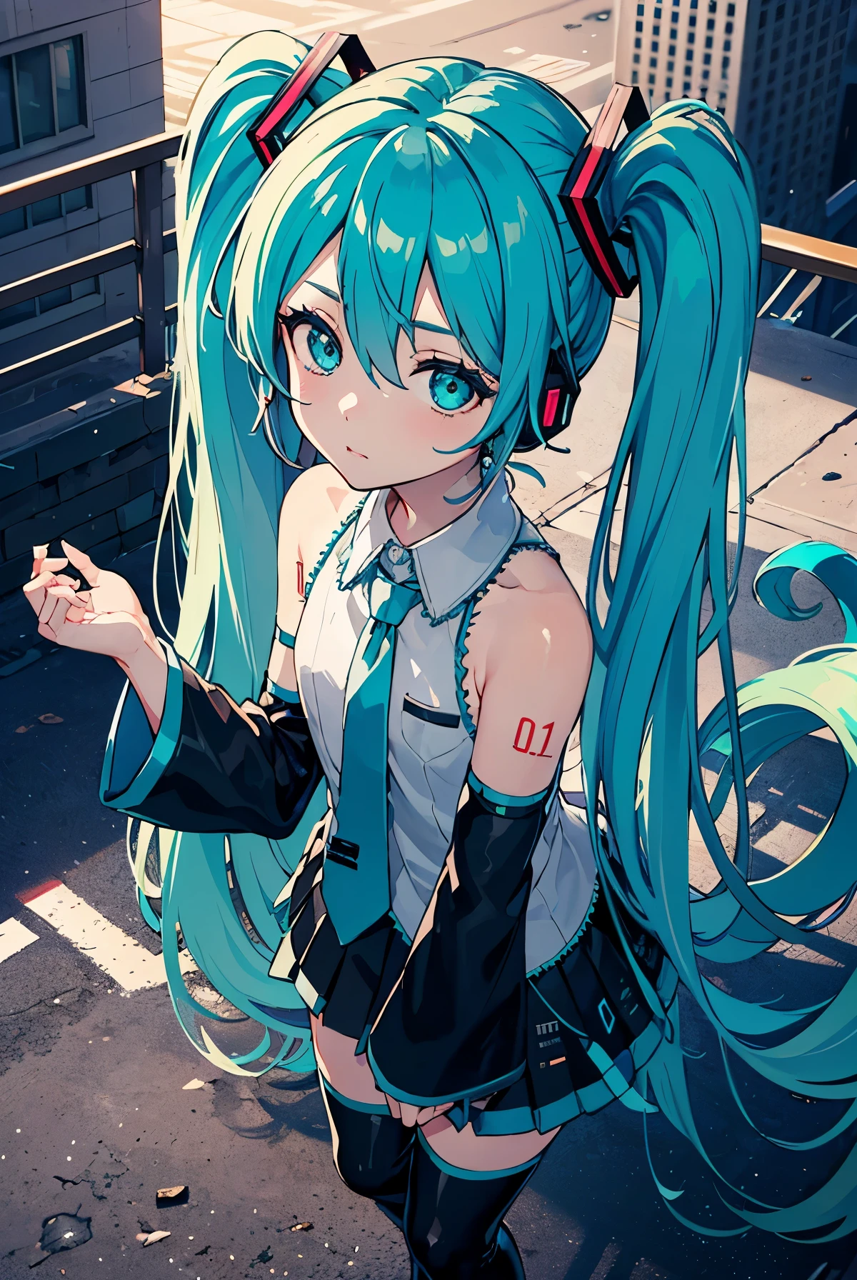 Hatsune Miku, Hatsune Miku, ahog, ojos aguamarina, pelo aguamarina, flequillo cruzado, pelo entre los ojos, Accesorios para el cabello, Auricular, pelo largo, doble cola,
descansar aqua atar, calzado negro, black falda, mangas negras, botas, collared camisa, mangas separadas, grey camisa, atar, pleated falda, camisa, falda, Sin mangas, Sin mangas camisa, thigh botas, atar夾,
descansar looking at viewer,
descansar outdoors, ciudad,
descansar (obra maestra:1.2), mejor calidad, Alta resolución, Fondo de pantalla unificado de 8k, (ilustración:0.8), (ojos hermosos y delicados:1.6), cara extremadamente detallada, Iluminación perfecta, CG extremadamente detallado, (manos perfectas, anatomía perfecta),